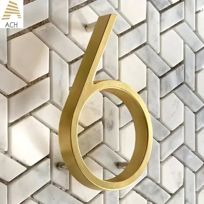 5 inch Address House Numbers 125mm Modern Metal Floating Signage Outdoor Digits Mailbox Sign Golden #0-9 With Screw