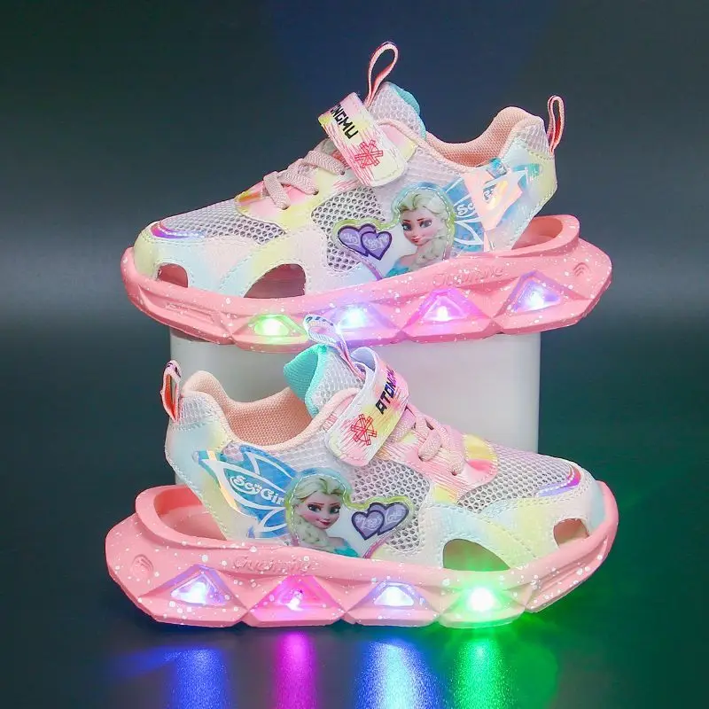 Chaussures de sport décontractées Disney avec lumière LED pour enfants, princesse Elsa, évidées, anti-rika, sandales Baotou pour filles, été, nouveau