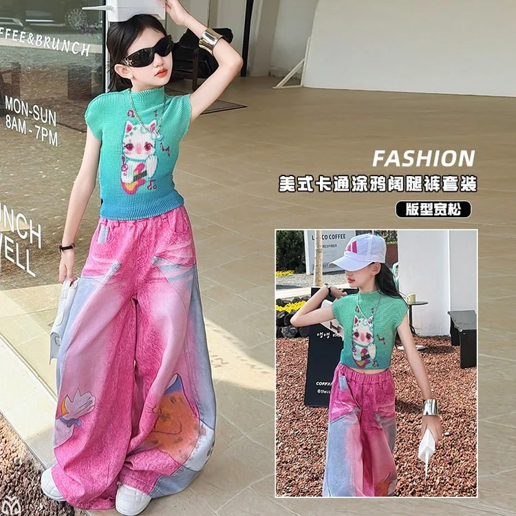 junior kid girls pink printed tie dye wide leg pants Green wrinkled cartoon cat tops Hip hop jazz street dance clothes outfits