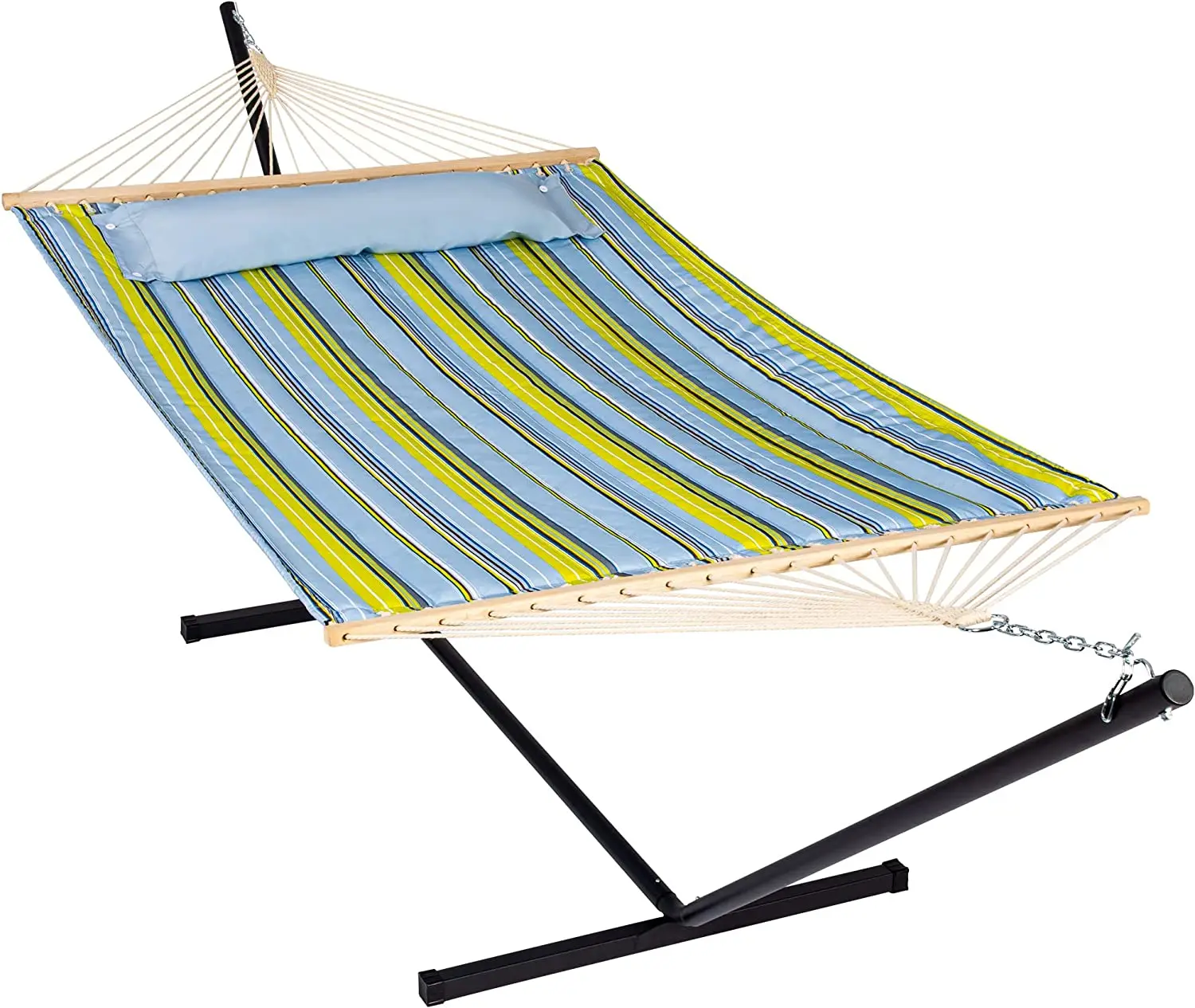 Heavy Duty Outdoor Hammock With Stand, Two Person Quilted Fabric Hammock Swing With 12ft Steel Stand