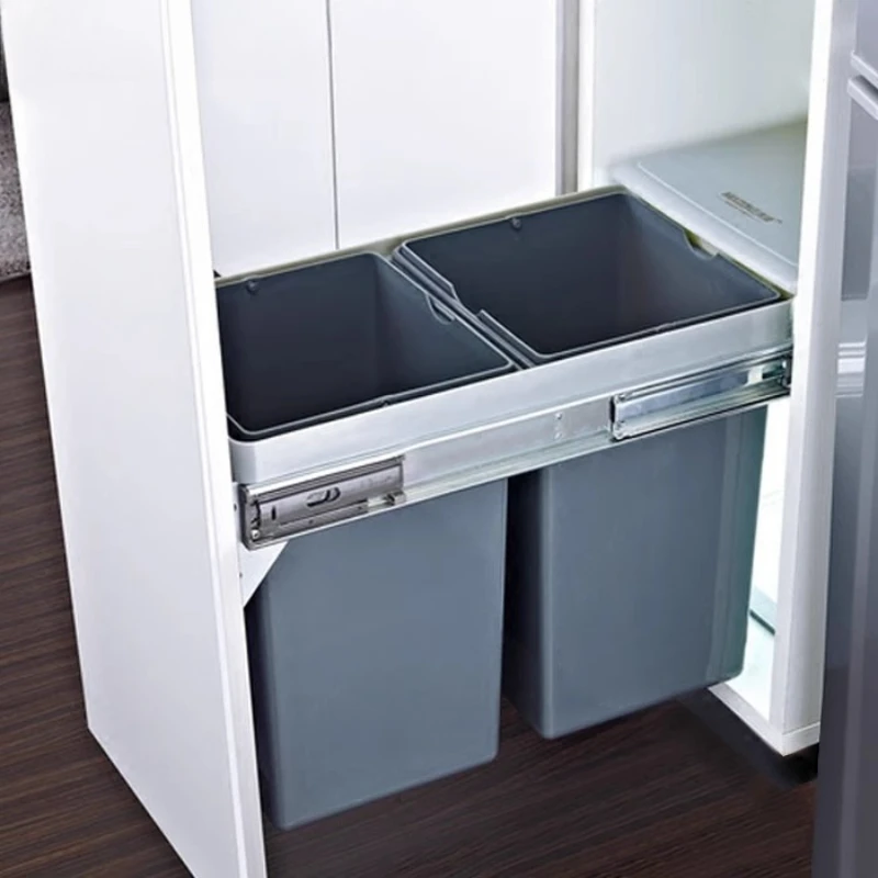 

Push-In Cabinet Trash Can, Door-Connected Sorting Cleaning Bucket, Dual-Lid Storage Bin, Large Cleaning Bin, Kitchen Wastebasket