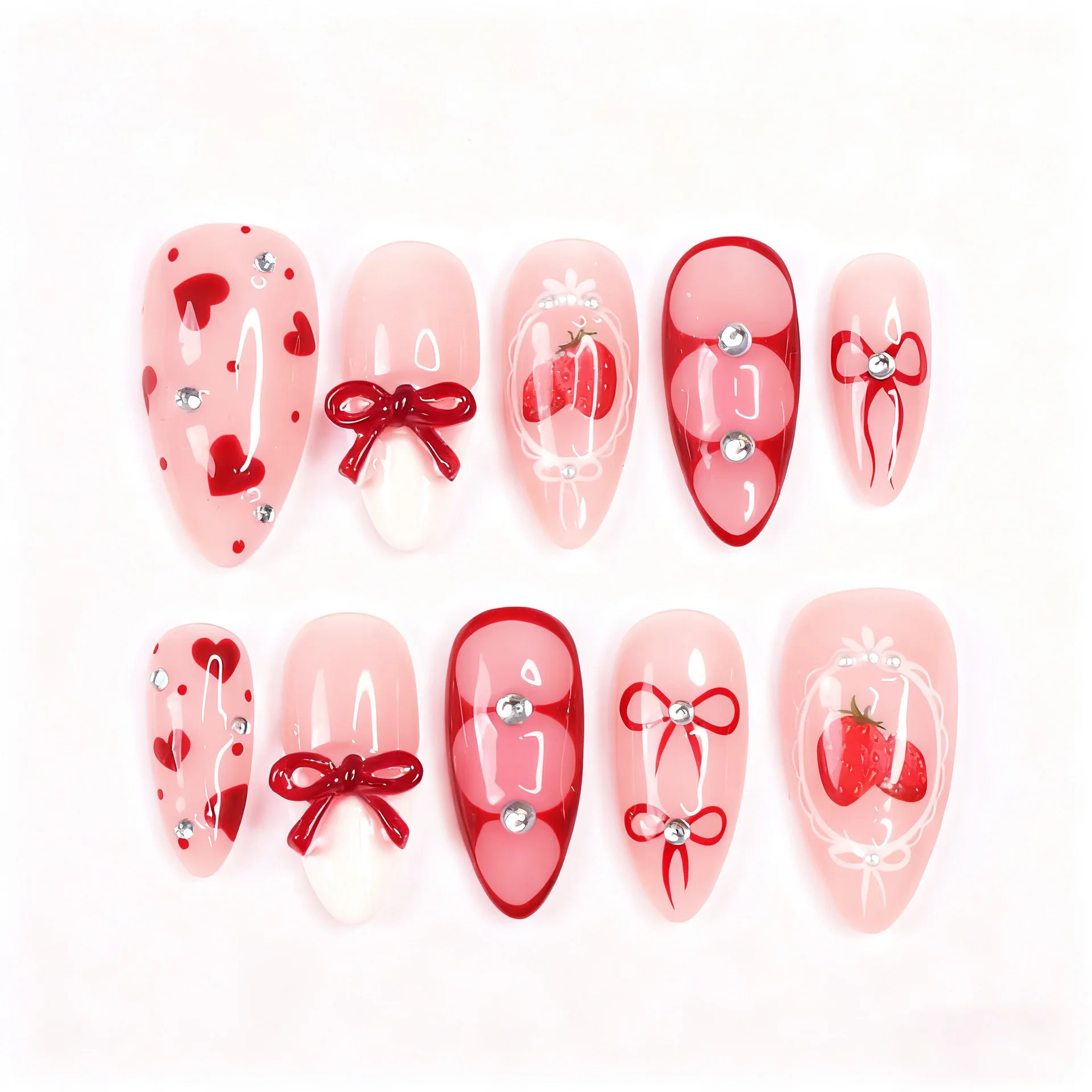 24 Uds. De uñas postizas con forma de corazón, sobre de lazo 3D, longitud media, almendra, uñas postizas, perlas, diamantes de imitación, cubierta completa desmontable, puntas de uñas