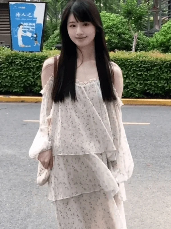 Holiday Floral Print oulder Bared Dr Women's mid Length a Line Skirt Casual Sle High Waist Summer Season Long Sve