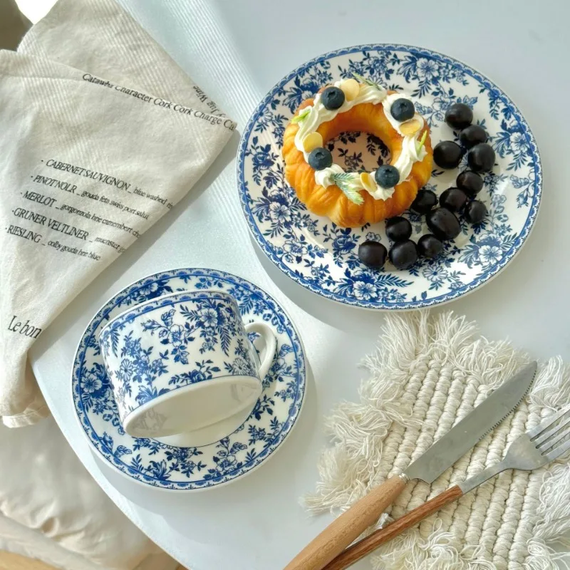 Retro Blue Ceramic Tableware, Western Restaurant, Coffee Cups and Plates, Dessert Dim Sum Plate, Home Accessories