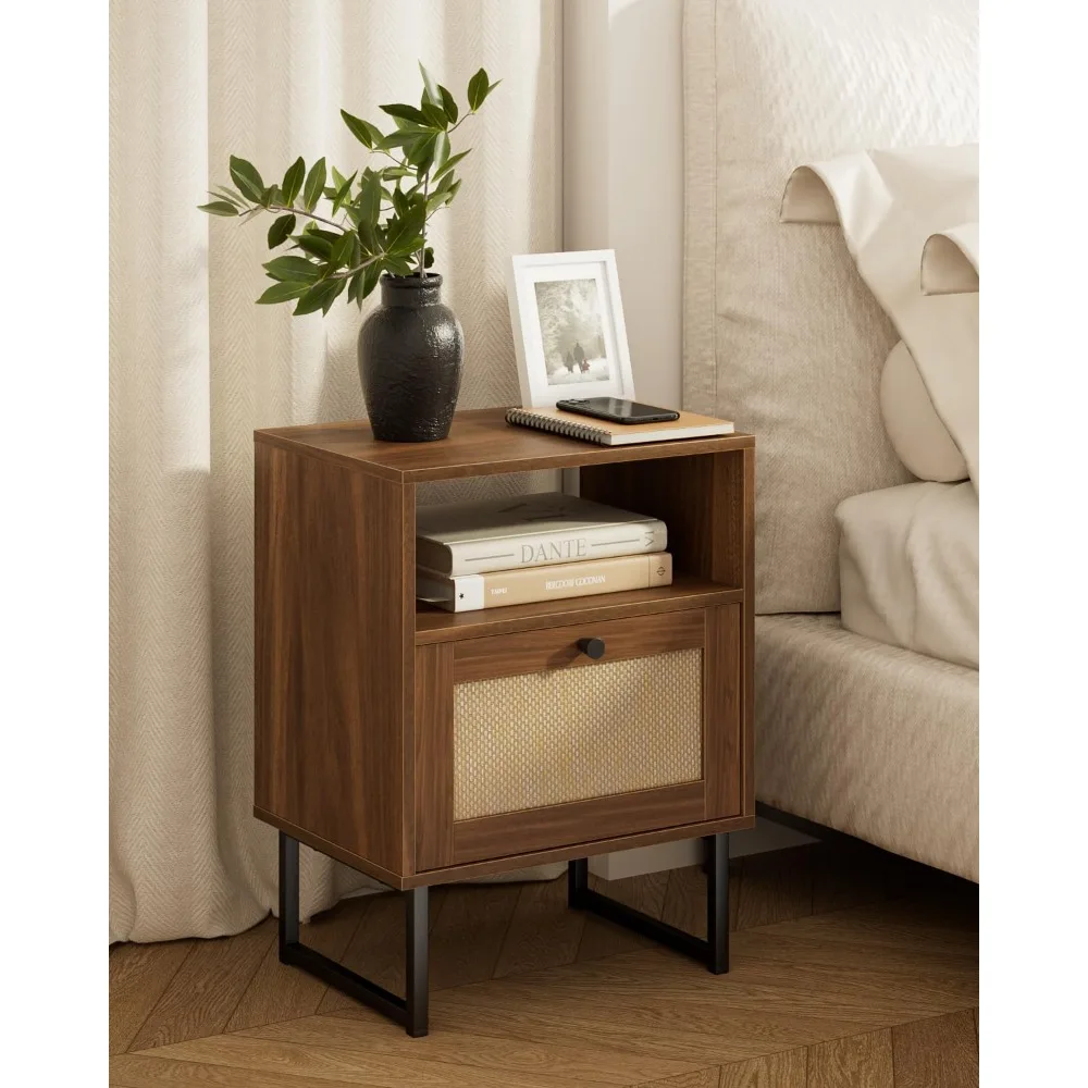 

Modern Boho Farmhouse Rattan Nightstand with Storage Drawer and Open Shelf, Small Black Frame Bedside Table