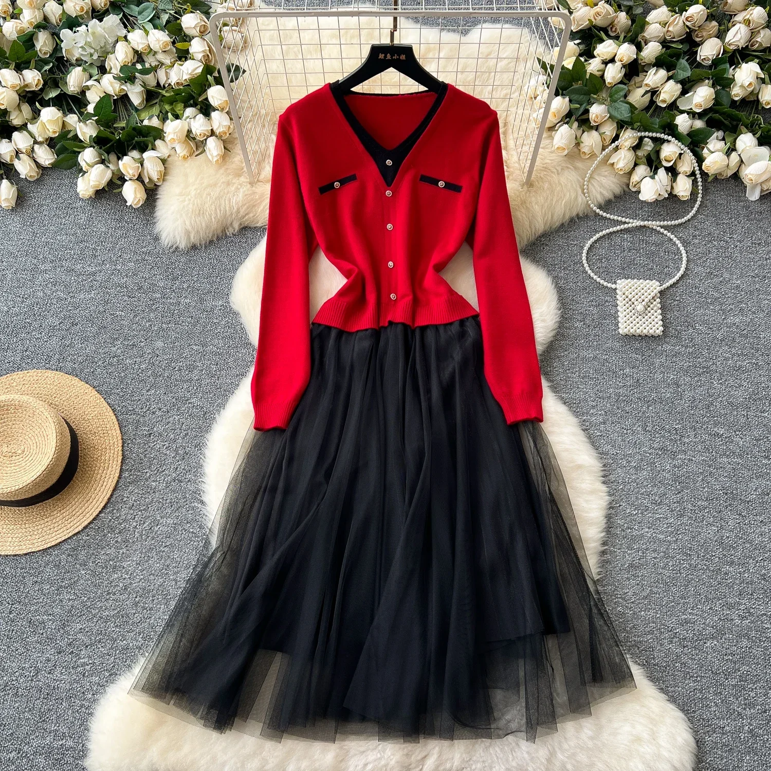 Elegant Chic Mesh Patchwork Knit Dress Long Sleeve Party  A-line Vestidos High Waist Basic Women Autumn Winter Dress