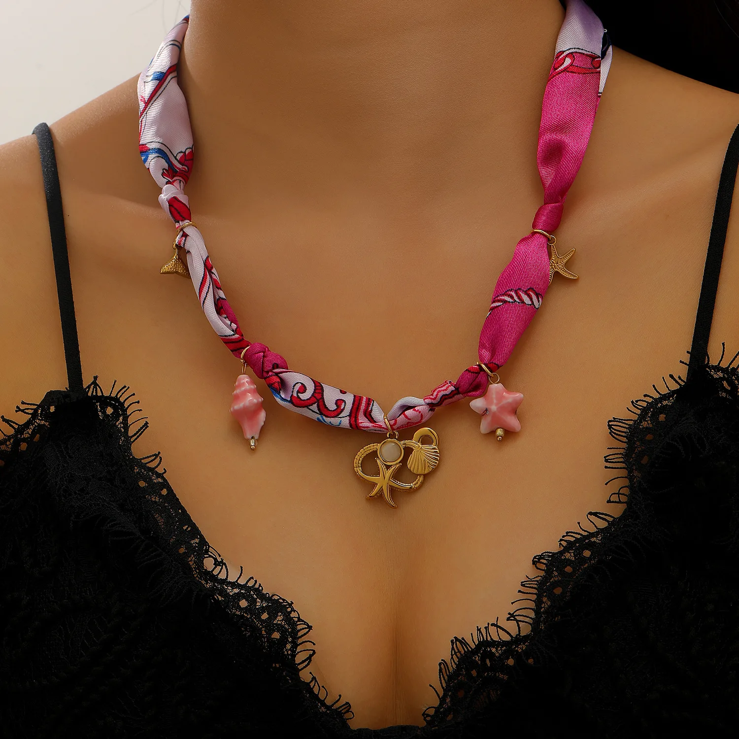 Gold-Plated Marine Life Ribbon Pendant Necklace Dopamine Literary Fresh Stainless Steel Choker Flower Starfish Dolphin Seashell