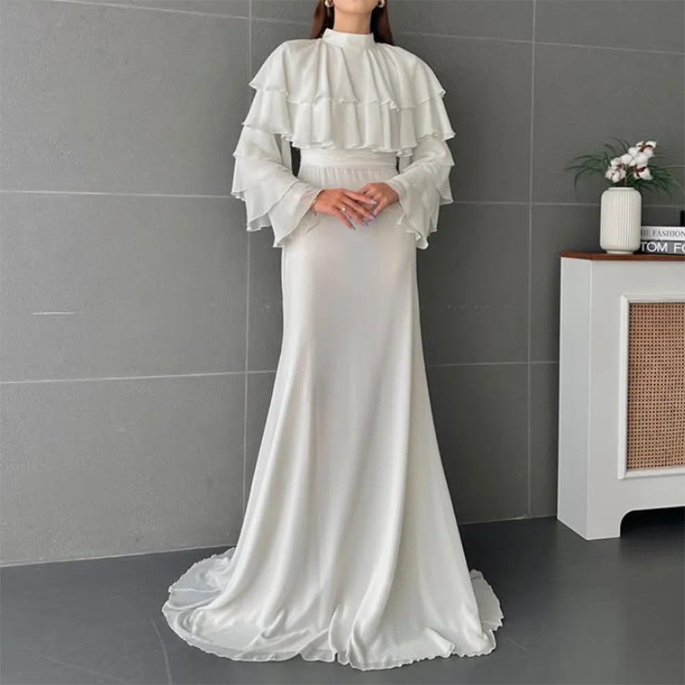 Vestidos de fiesta de sirena blancos personalizados, vestido de noche de manga larga con cuello alto hasta el suelo, vestido de fiesta drapeado escalonado de moda Simple