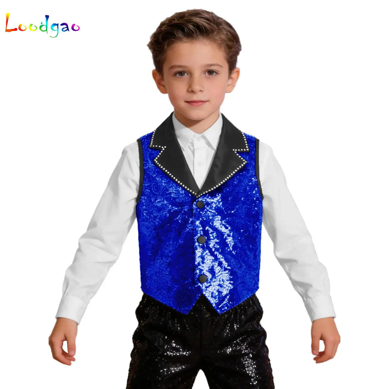 

Kids Boys Girls Jazz Hip Hop Dance Vest Waistcoat Shiny Sequins Disco Party Fancy Dress Up Latin Choir Performance Costume