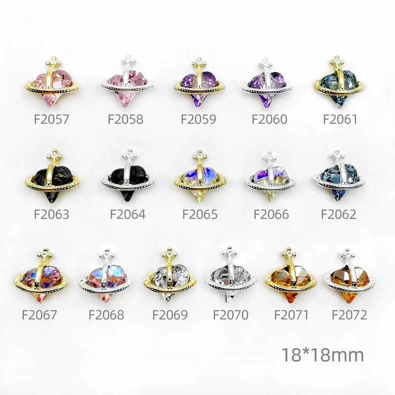 10Pcs 3D Alloy Crooked Heart Saturn Planet Nail Art Charms Gold/Silver Accessories Large Crystal Cross 13/18mm Shiny Nail Parts