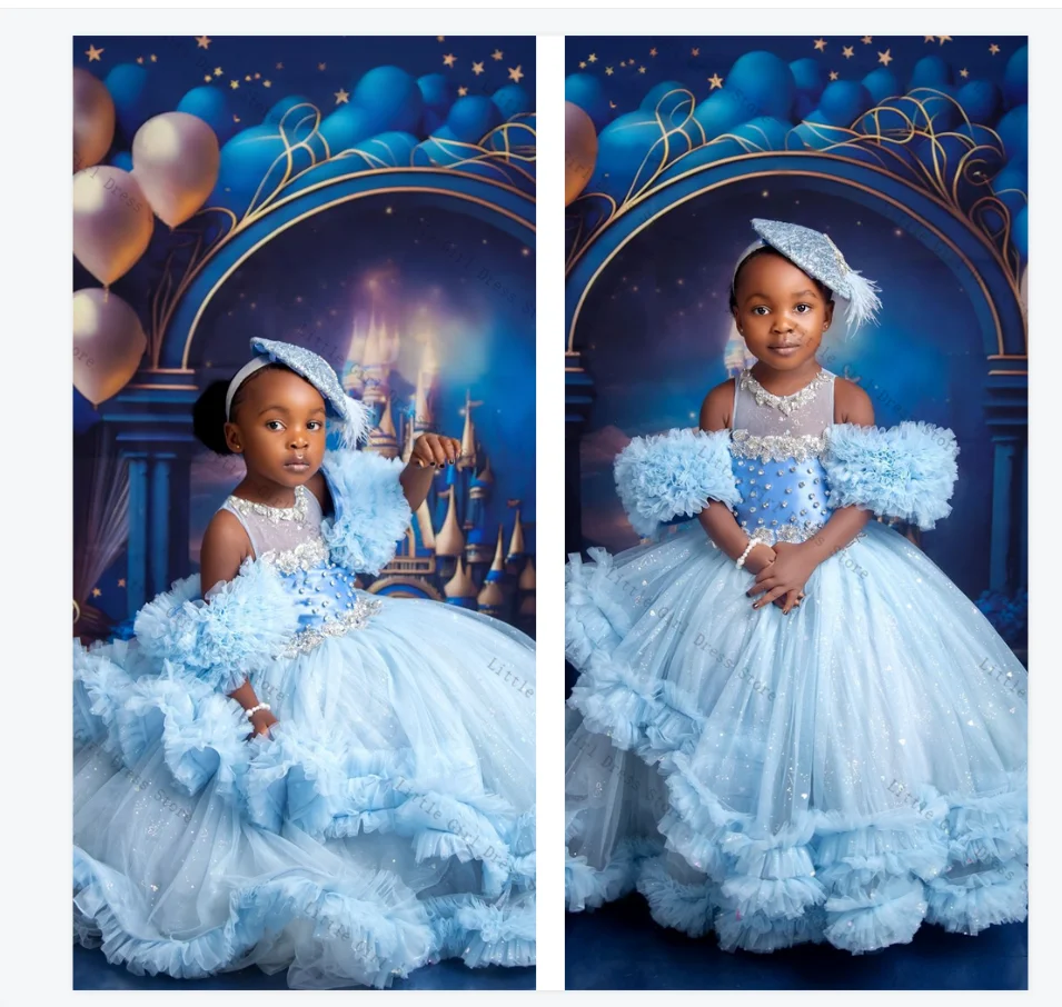Lichtblauwe prinses bloemenmeisje jurk steen kristallen gelaagde tule trouwjurk kinderen verjaardagsfeestje optocht jurk aangepast