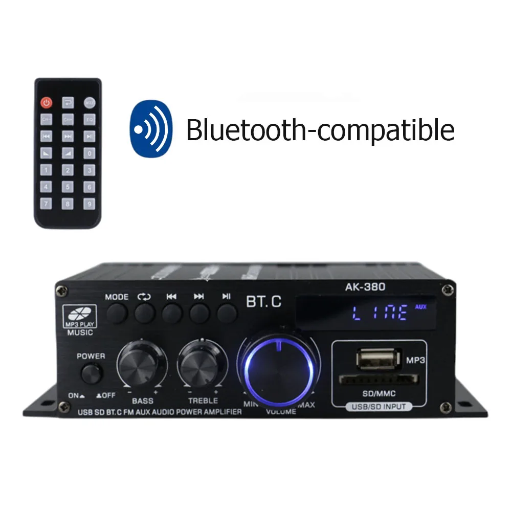 AK380 مضخم الصوت 2 قناة بلوتوث متوافق مكبر للصوت HIFI باس 40 واط + 40 واط مشغل موسيقى USB AUX كاريوكي للمنزل سيارة