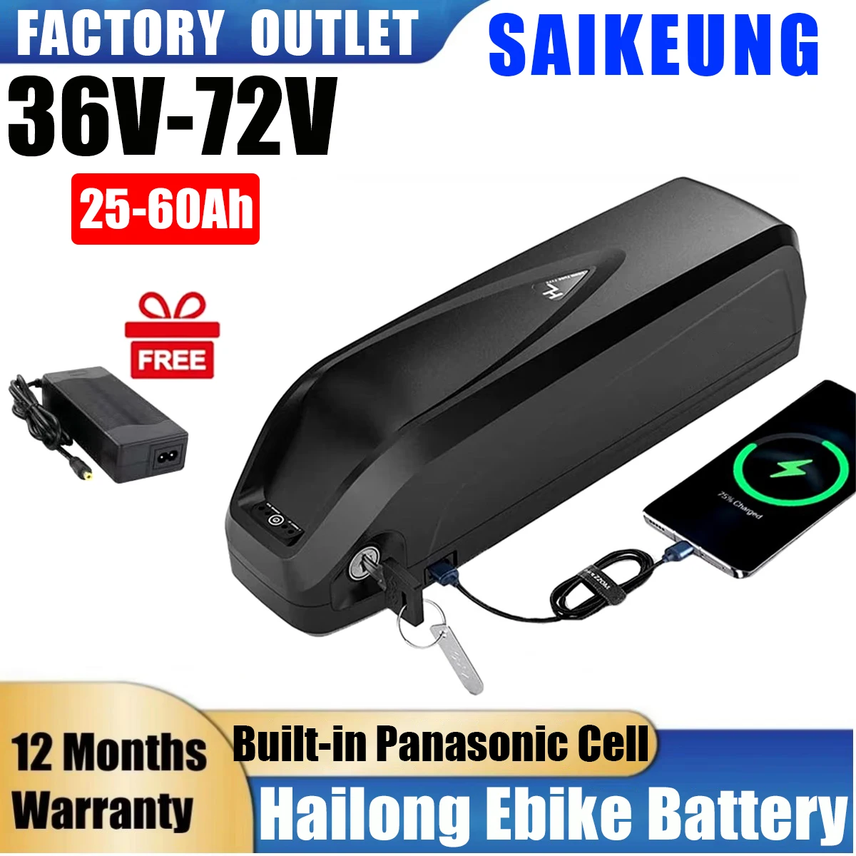 

Hailong ebike battery 72v 50ah 25AH 52v Electric Bicycle Ncr18650b 36v 48v 60v 30 35 40ah 60ah Lithium Battery Ebike 3000w Motor