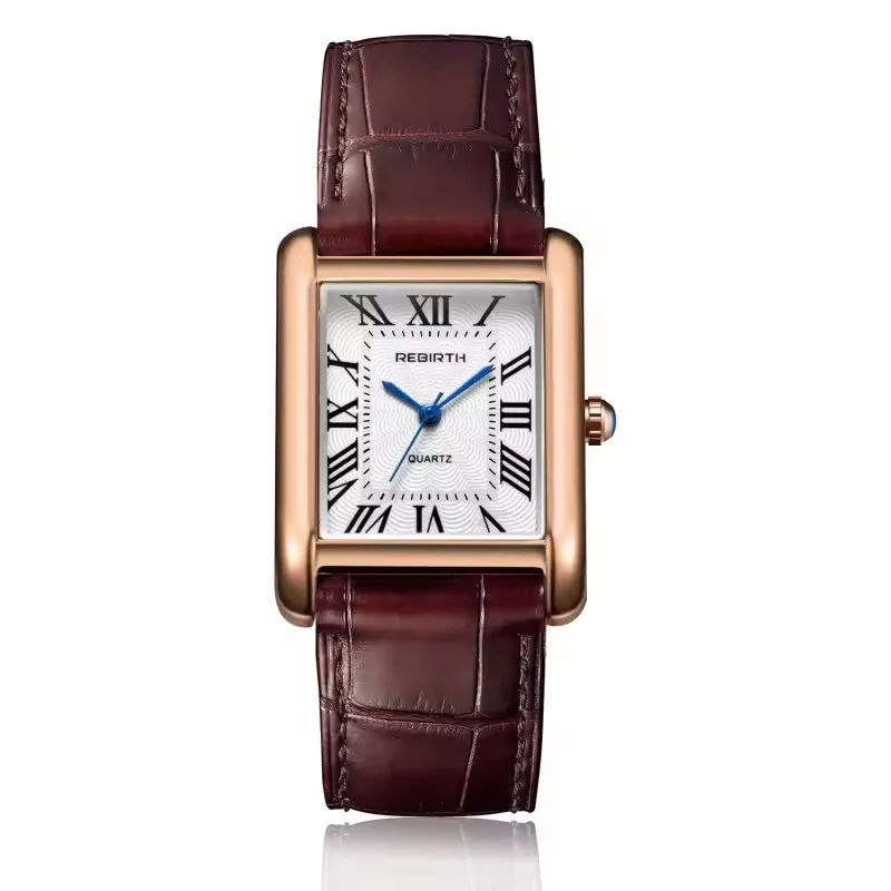 REBIRTH 002 Elegant Women's Quartz Watch Waterproof Casual Leather Strap Square Small Dial Simple Fashion Women's Clock Gifts