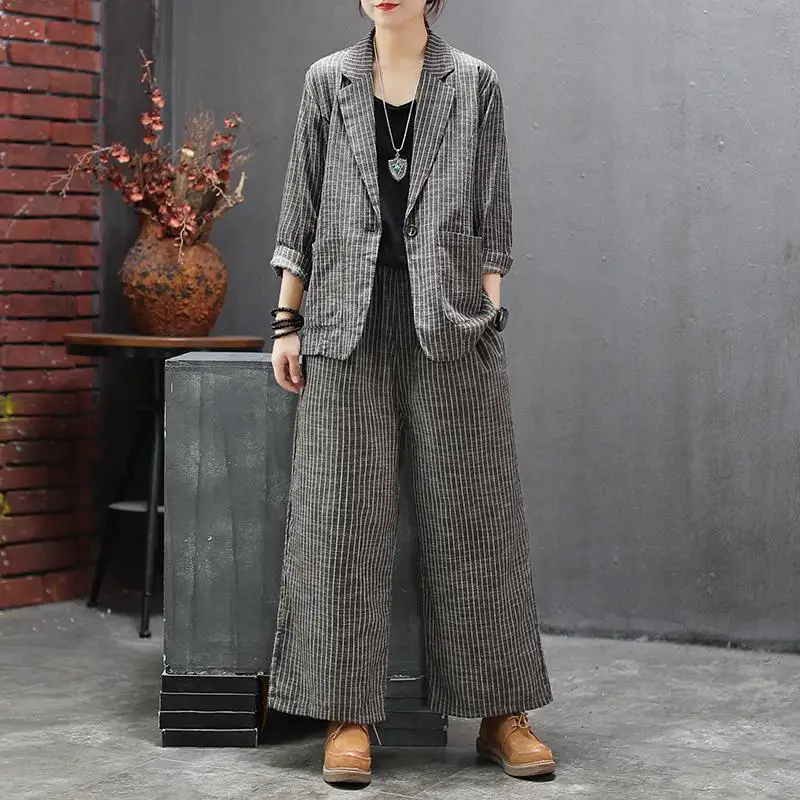Women's Vintage Loose Striped Cotton Linen Suit Two-Piece Set Commute Style with Pockets Long Sleeve Single Button Closure