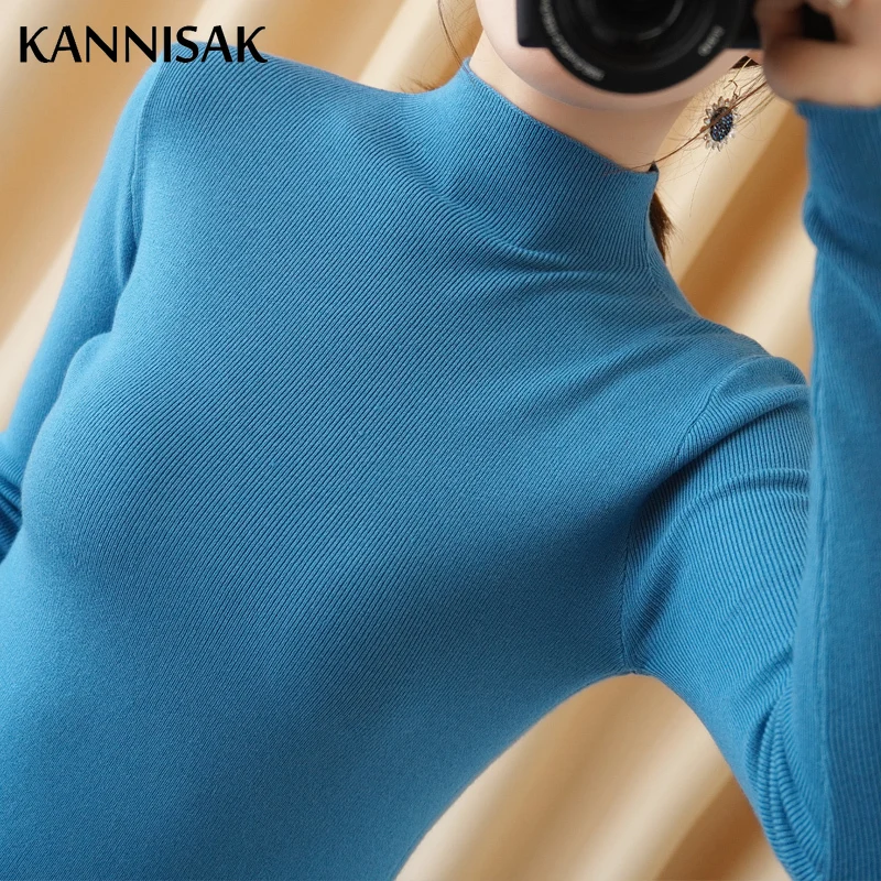 Spring Autumn Women Pullovers Half High Collar Casual Slim Fit Thin Bottoming Shirt Sweaters Blue Pink Red Jumper Woman Knitwear