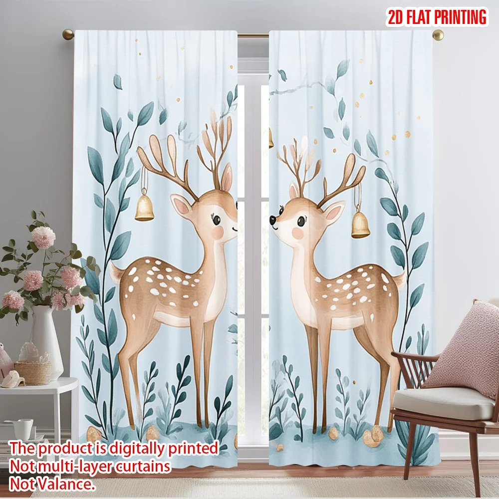 2pcs,2D plane printing Pattern Curtains Cute Deer with Bells (3) Durable 100% Polyester Fabric (without rod) Versatile All
