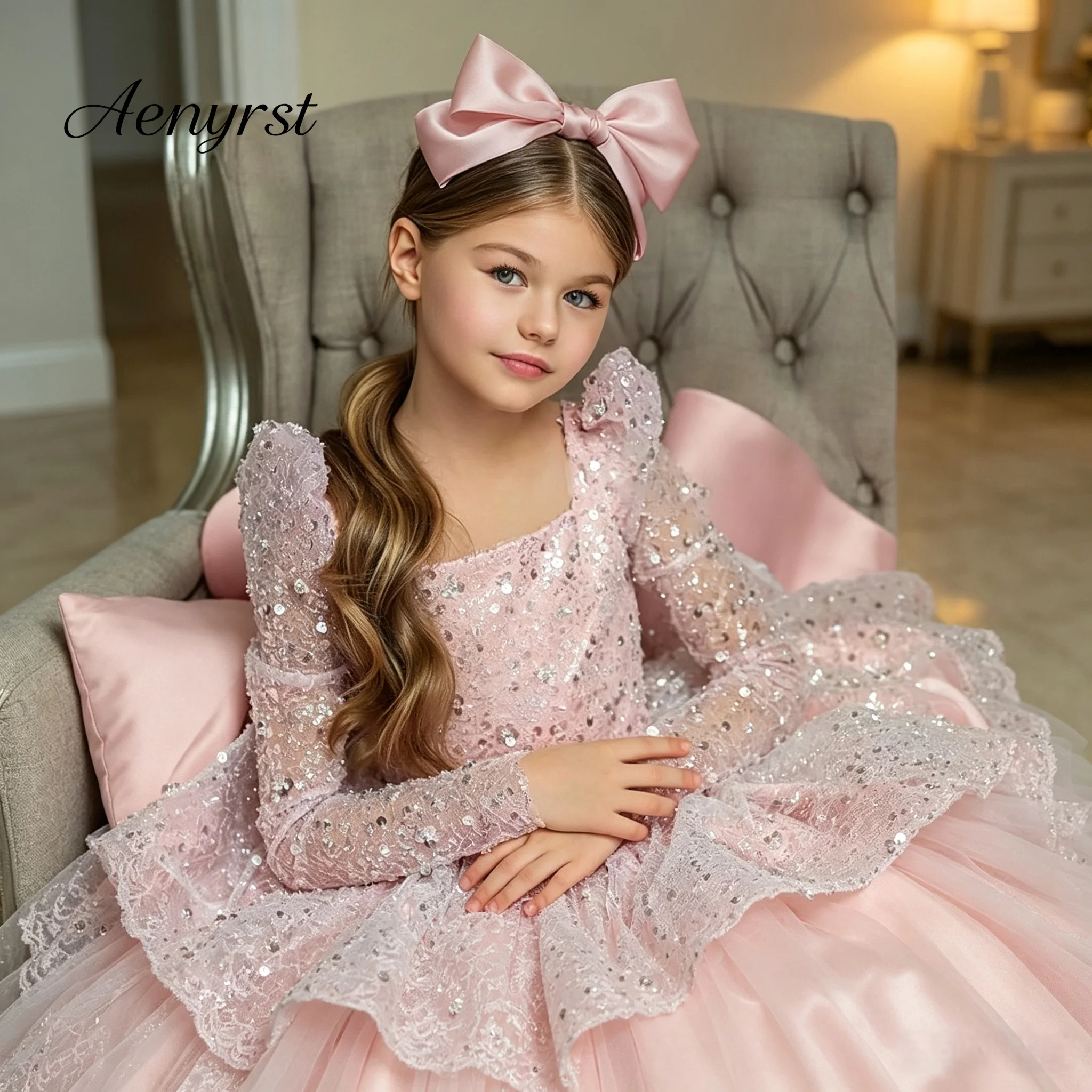 Elegant Sequin Lace Kids Formal Gown Square Neck Long Sleeve Ruffled Multi‑Layer Skirt For Birthday Stage Wedding Occasions