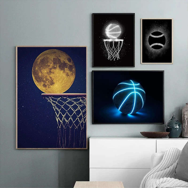 

Neon Light Effect Black White Basketball Football Volleyball Poster Prints Canvas Nordic Canvas Painting Wall Art for Home Decor