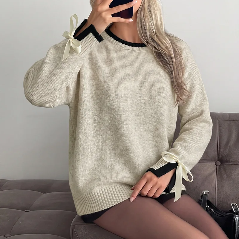 Women's Contrast Trim Knit Sweater with Bow Tie Cuffs Elegant Round Neck Loose Pullover Cute Ribbed Jumper Top Autumn Outfit