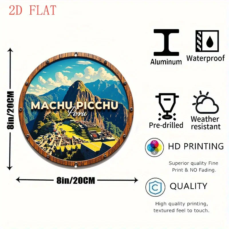 1pc 8-Inch Round Peru Machu Picchu Mountain & Clouds Metal Wall Art Sign - South America Map Decor with Inca Ruins, Lightweight