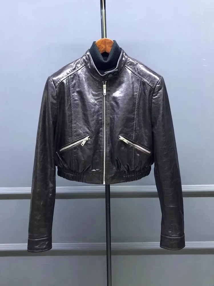 فاسق المرأة دراجة نارية سترة عالية الخصر الوقوف طوق جديد ملابس علوية بأكمام طويلة للربيع سستة الشارع الشهير الإناث جلد طبيعي معطف قصير