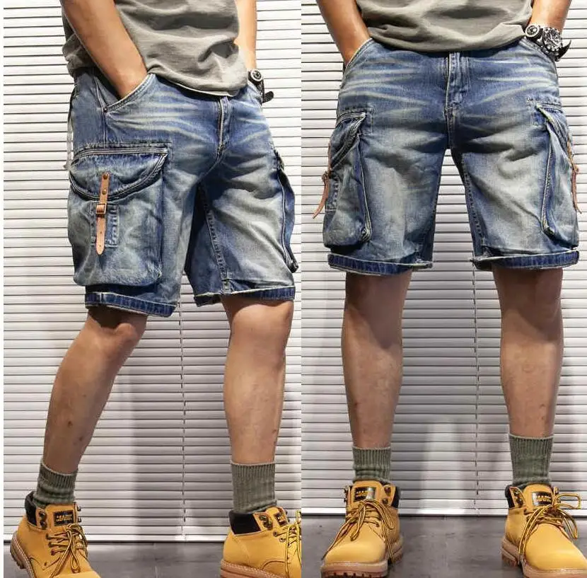 Retro Make Old Cargo Denim Shorts, Men\'s Straight Loose High Street Knee Length Jeans