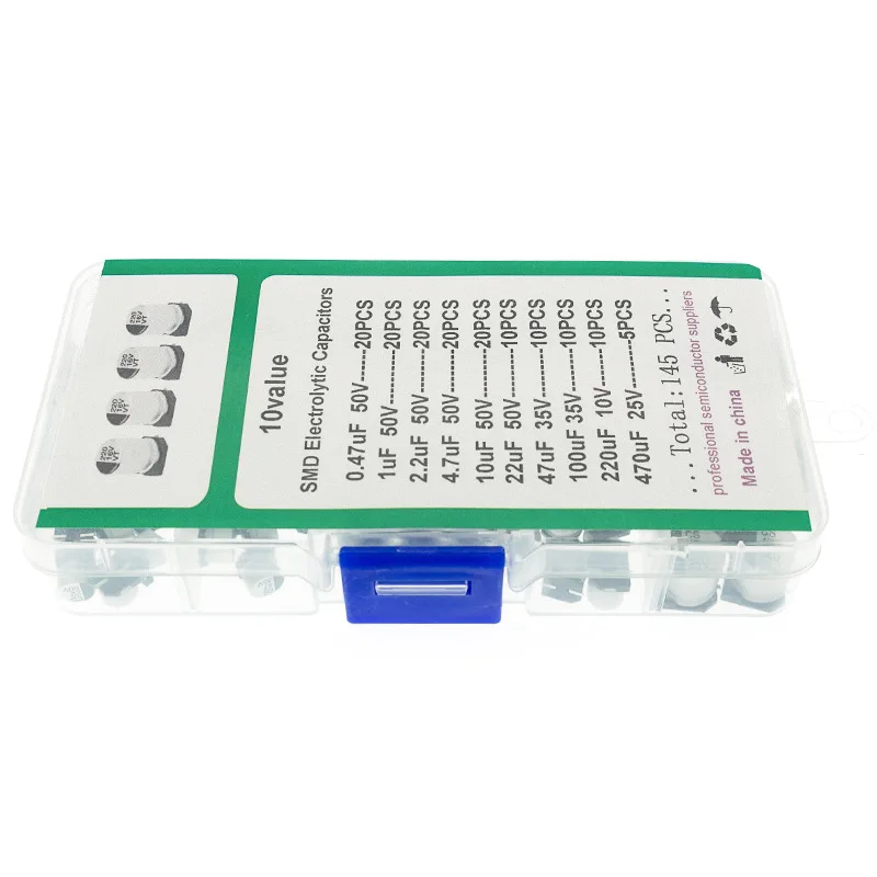 145pcs 10 Specifications Smd Electrolytic Capacitor Matching Kit 0.47v~50v 1uf~470uf Boxed