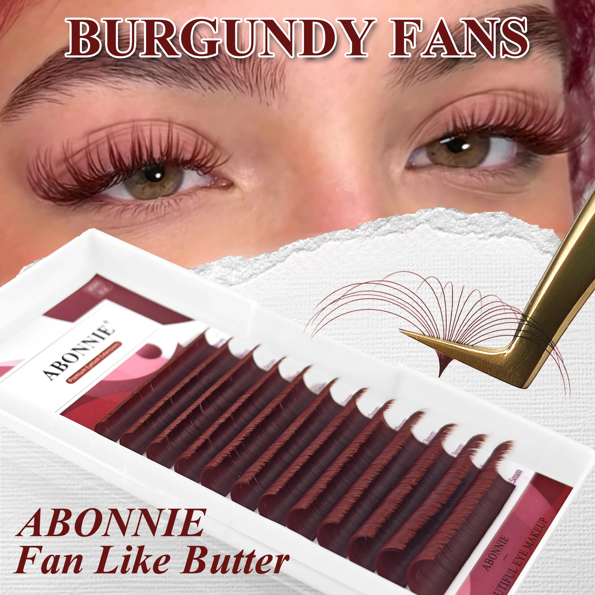 ABONNIE Weinrote Easy Fanning Wimpernverlängerungen, Weiche Volumen-Wimpern in Burgunderrot, Automatisch Fächernde Wimpern-Extensions – Detail 3