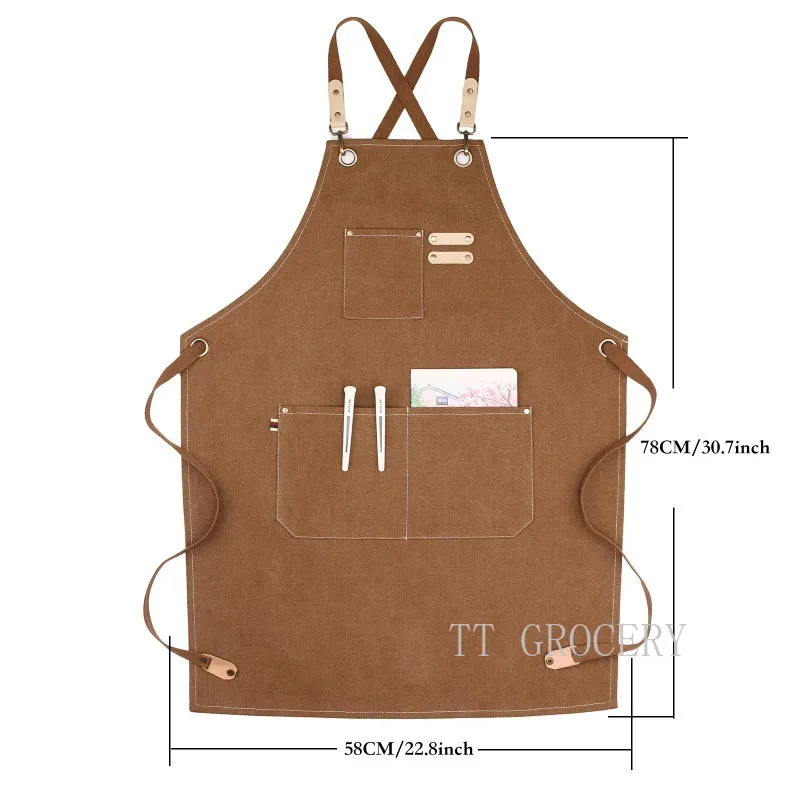 1pc Thickened Waterproof  Wear-resistant Canvas Apron With Pockets Durable Crossback Adjustable Apron Hotpot coffee milk tea