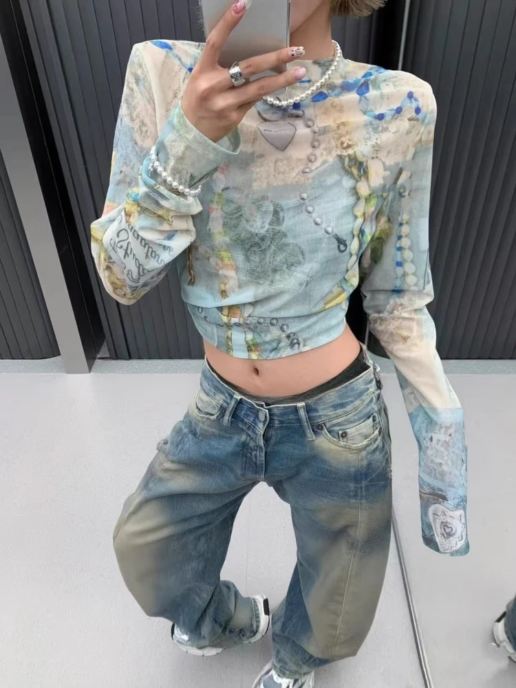 2025 Y2k الجمالية الشاش الطباعة الخريف تي شيرت المرأة Harajuku الجرونج اقتصاص القمم الشارع الشهير الجنية Bodycon انظر من خلال بلايز
