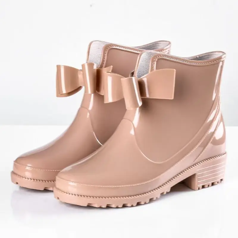 Women Block Heel Bowknot Ankle Rain Boots Spring Autumn New Soft Sole Round Toe Slip On Fashionable Water Shoe Wash The Car Shoe