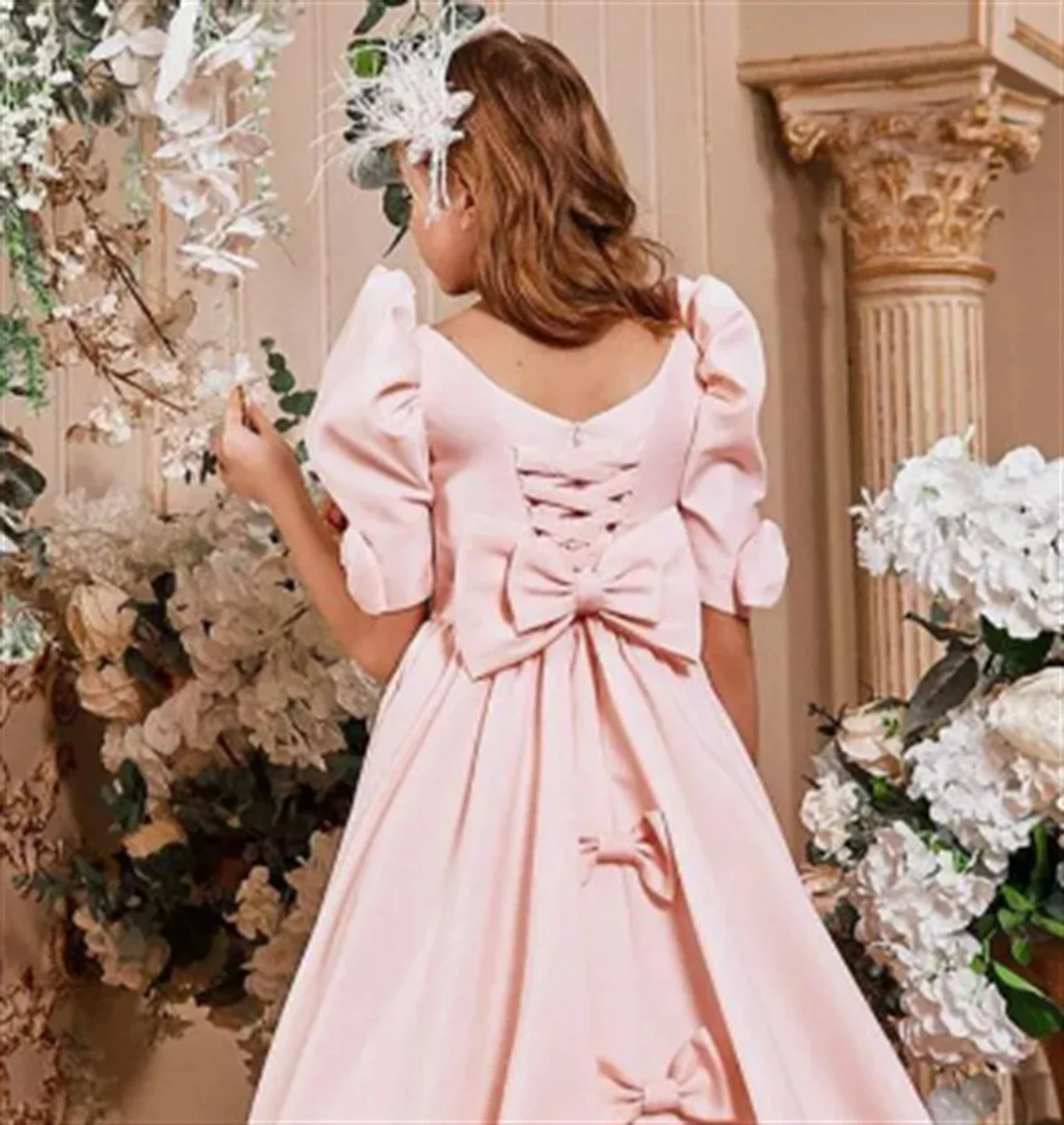 فستان فتاة الزهور الوردي لحفلات الزفاف من الساتان بطول الأرض مع فيونكة فستان حفلة عيد ميلاد الأميرة للأطفال الأول حسب الطلب #5