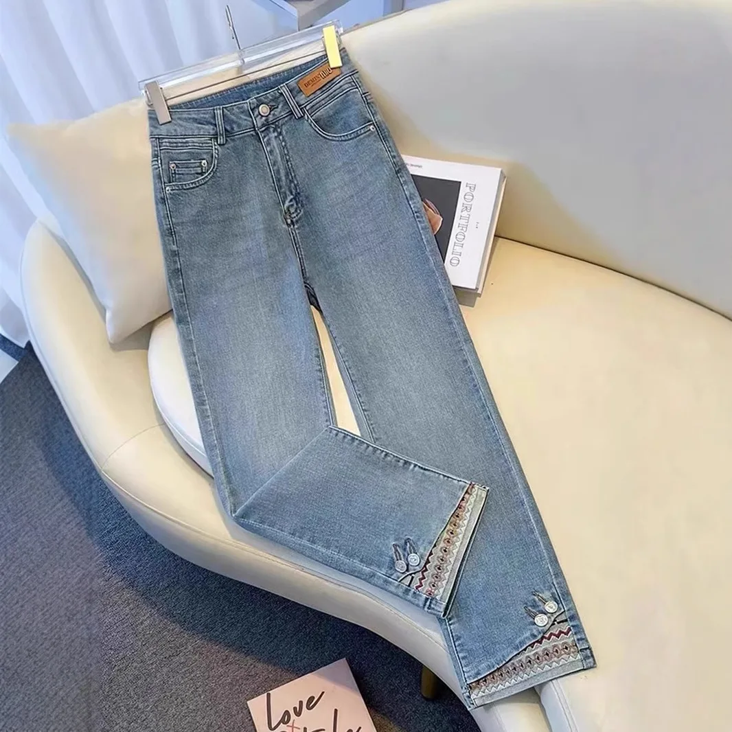 Plus Size Retro Stretch Jeans For Women 2025 Spring And Autumn Small Loose High Waist Slimming Nine-Point Straight Cigarette