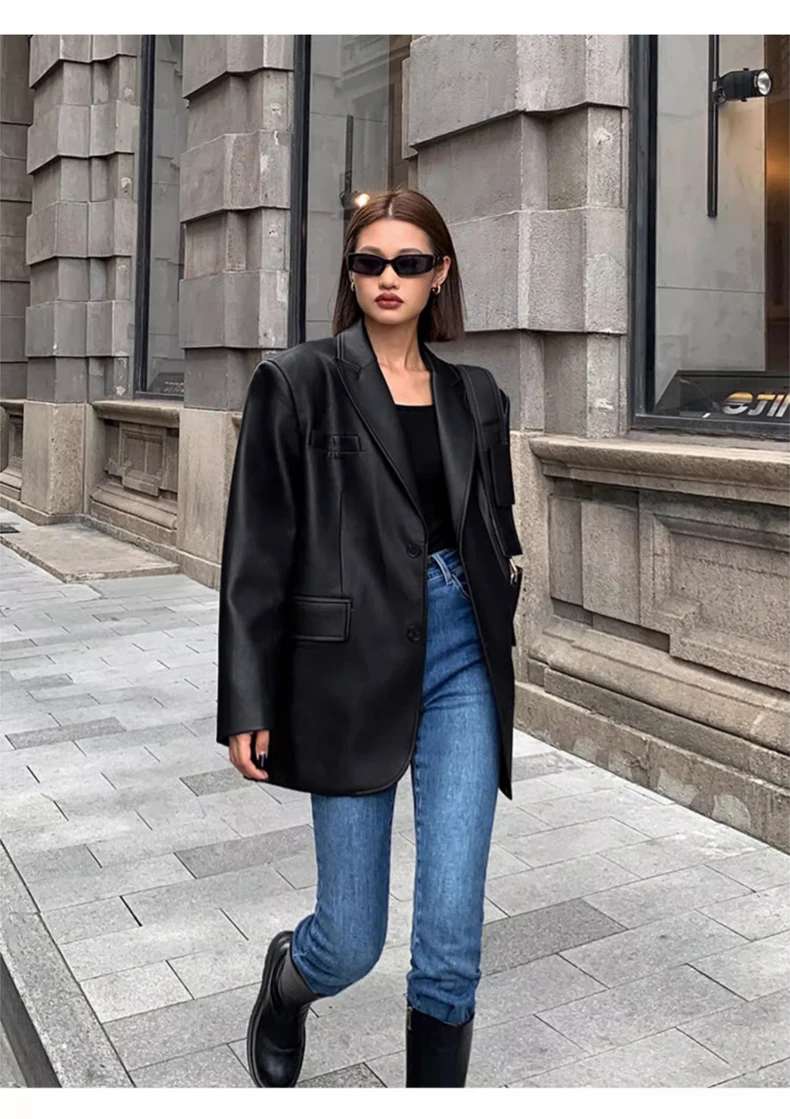 Lautaro Autumn Black Brown Soft  Pu Leather Blazer Women Shoulder Pads Long Sleeve Single Breasted Loose Casual Korean Fashion
