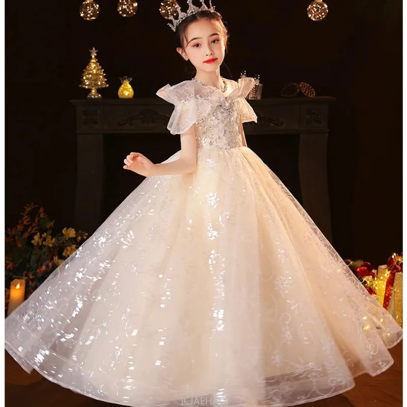Party Dress Girls Festival Celebration Elegant Princess Dresses Child Sequin Birthday Costume Frock Piano Performance Vestidos
