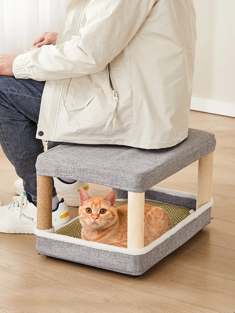 Solid Wood Cat Nest Stool, Shared By Humans and Cats Enclosed Multi Cat Small Kitten House Warm All Season and Winter