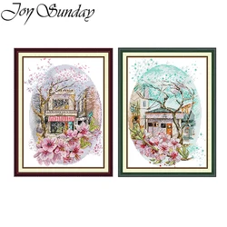 Joy Sunday Cross Stitch Kit Cherry Blossom Snow Scene HD Pattern Printed Counted Fabric Aida 16/14/11CT DIY Hand Embroidery Sets