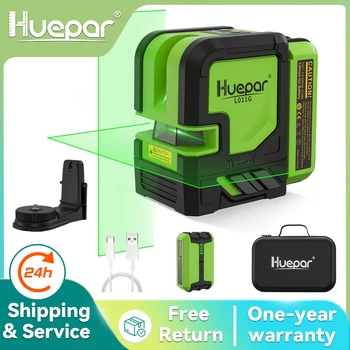 Huepar 2 lines laser level green beam cross line self-leveling rechargeable Li-ion battery laser tools with pulse mode and bracket