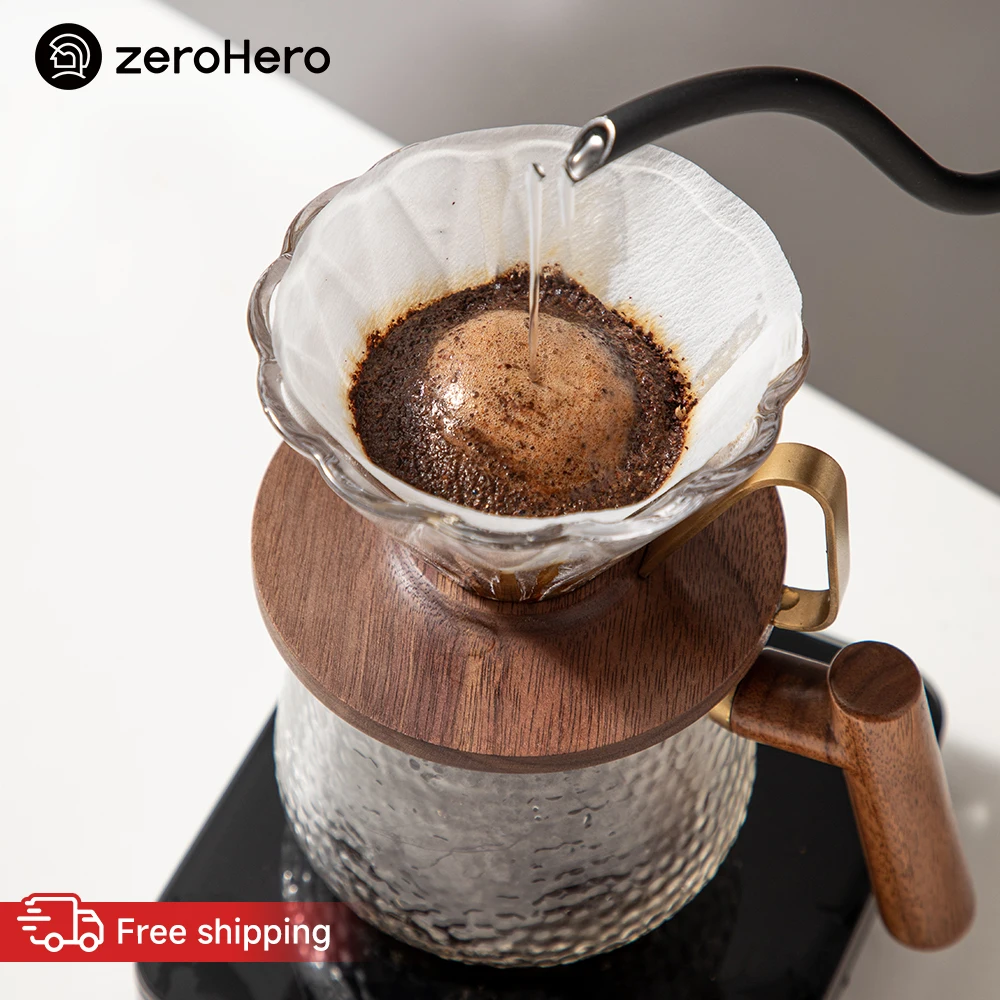 zeroHero Walnut Wood Coffee Dripper Faceted Borosilicate Glass 1-2 Cups 58 Degree Pour Over Filter Holder for Home Cafe Brew Set