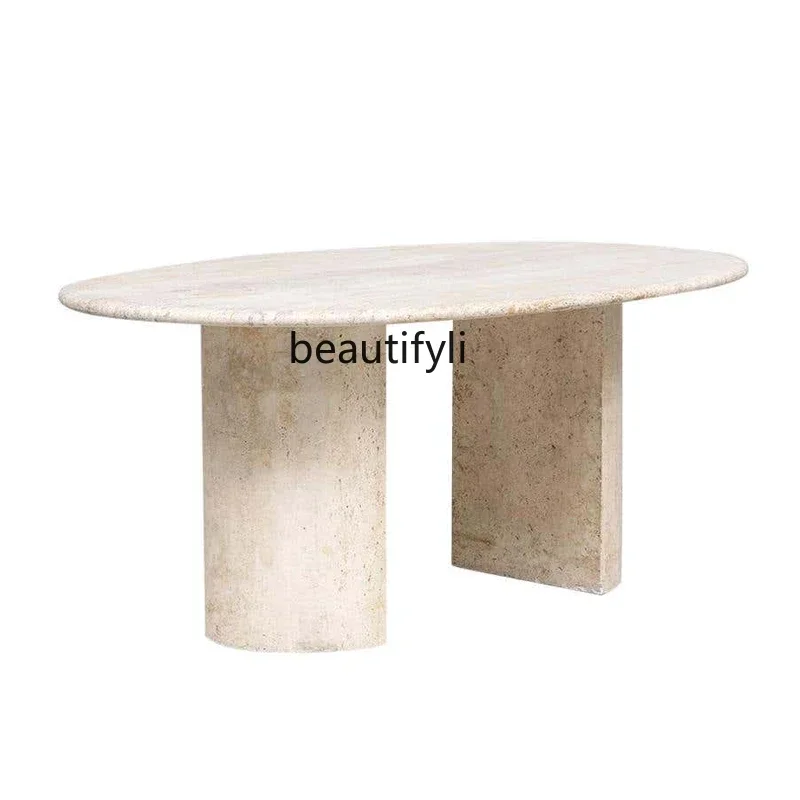 178CC Designer wabi-sabi minimalist villa restaurant natural yellow travertine dining table large oval table