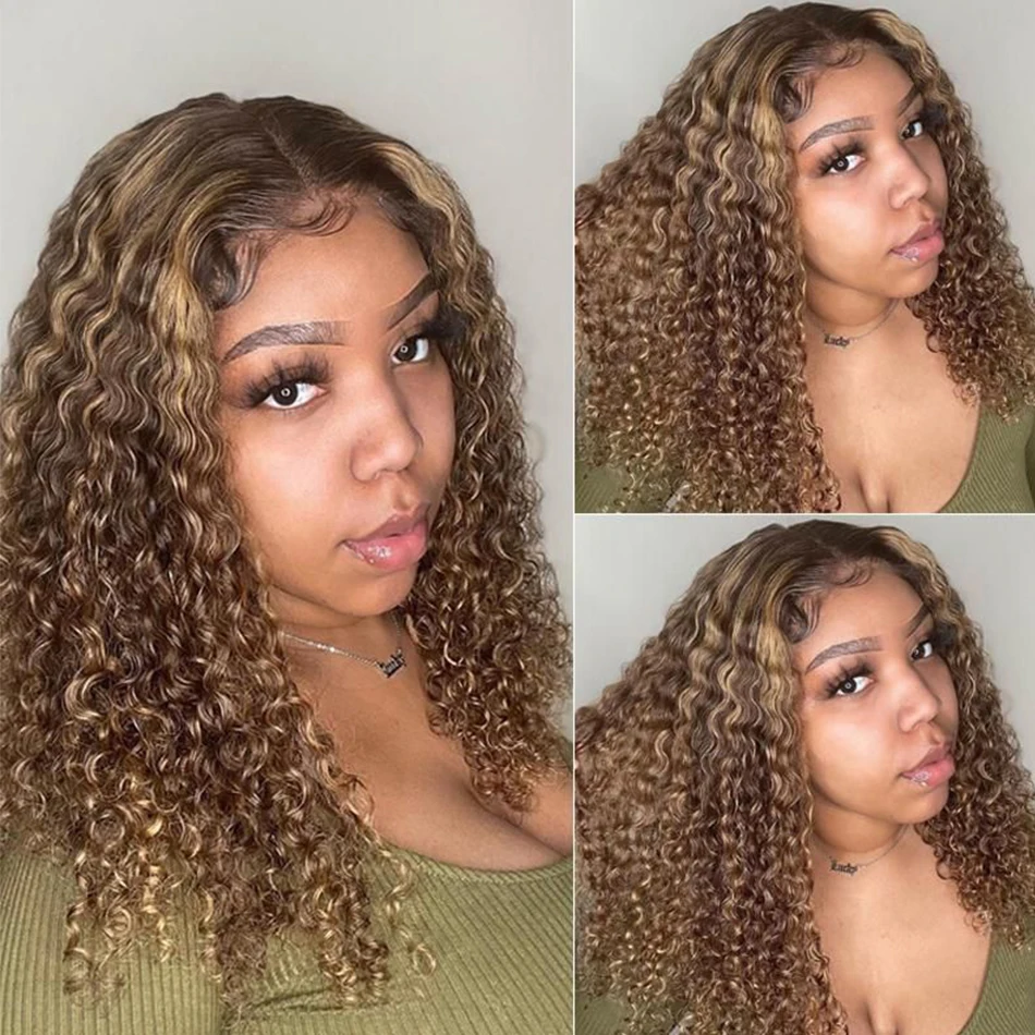 4/27 Kinky Curly Highlight 4x4 lace Closure Wig Malaysian Colored 13x4 Hd trasparent human hair wigs For Black Women 30 Inch