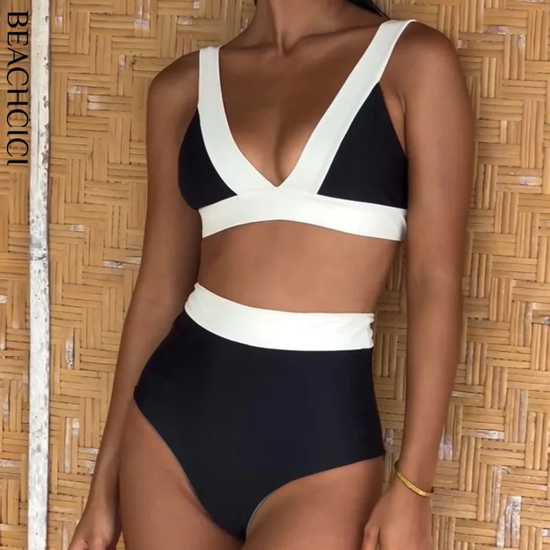 

BEACHCICI Bikinis Sets Women Summer Casual Simple Patchwork Suspender Sleeveless V Neck Backless High Waist Top With Pants Sets