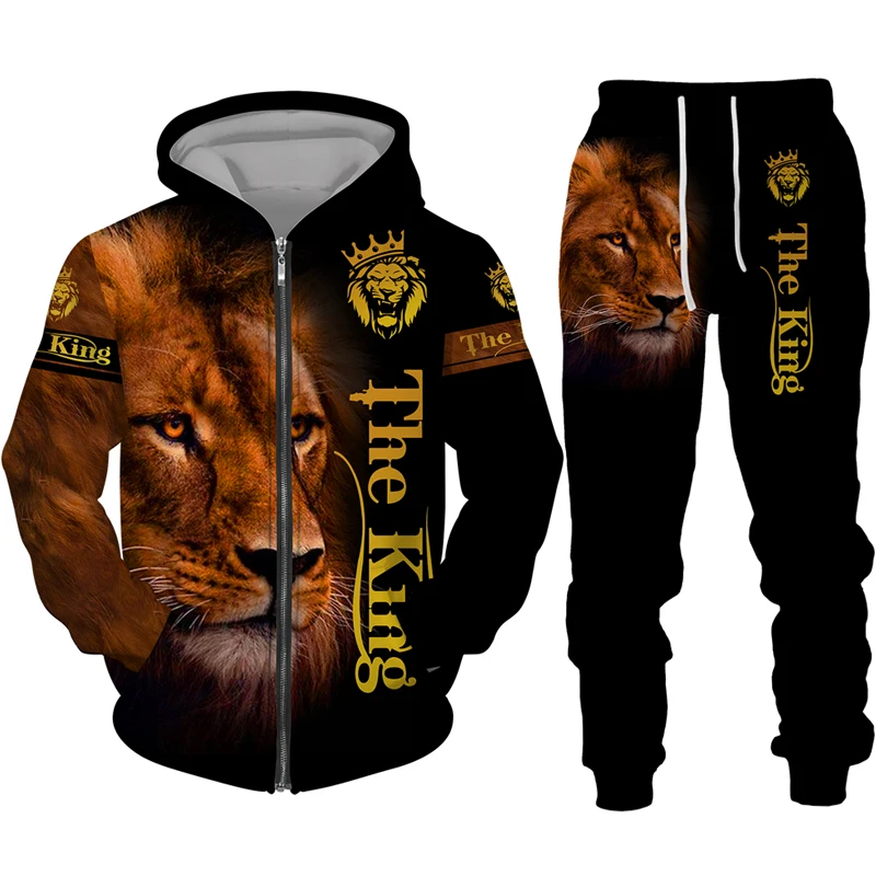 Europe and the United States spring and autumn men's and women's zipper hoodie set 3D printing fashion lion leisure sports trend