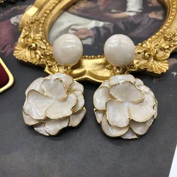 Ancient Earrings Stud Cream White Enamel Glaze Flower Stud Pendant Jewelry For Women