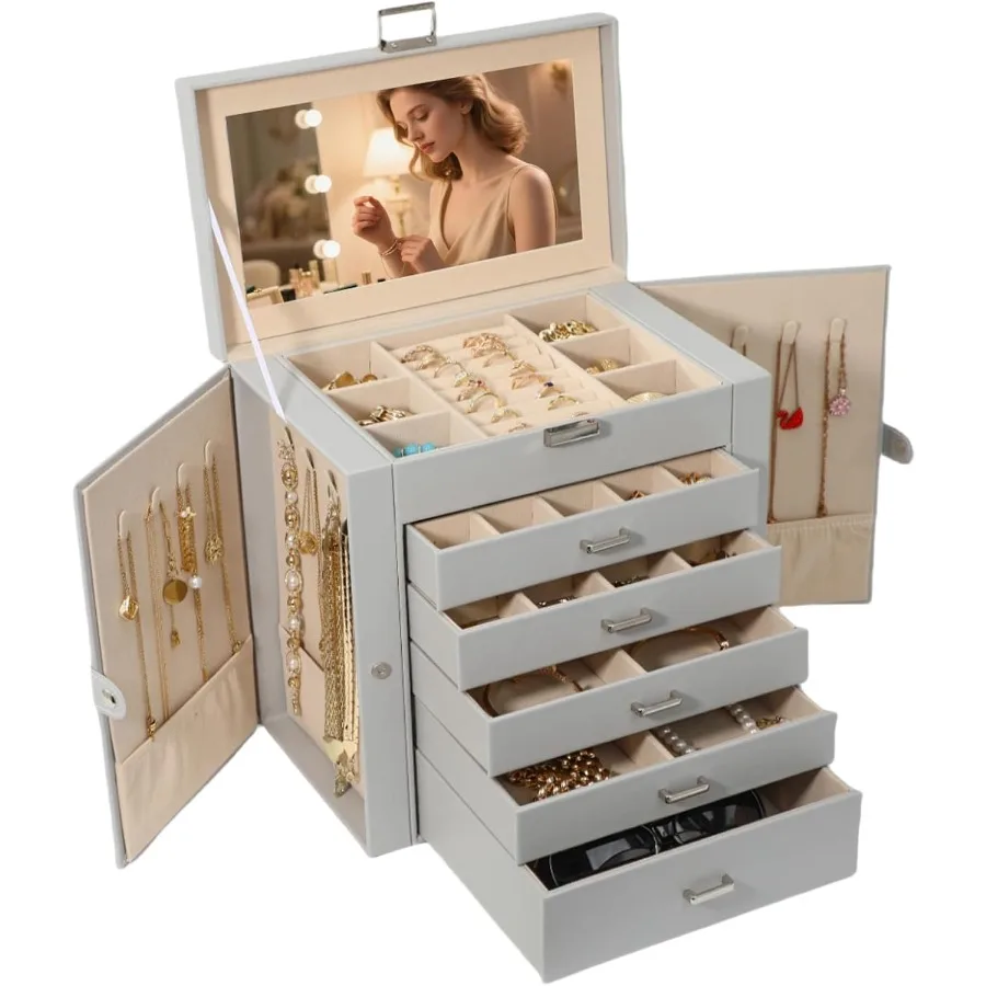 

Jewelry Box For women 6 Layer Large Jewelry Organizer With Mirror Multi-Function Storage Box With Lock Necklace Holder With 5 D
