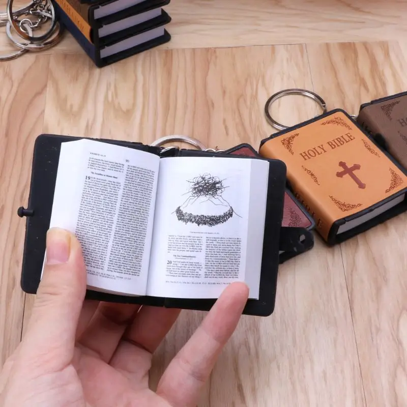 Mini Book Leather for Key Ring Miniature Paper Can Read Keychain Charm Christian Jesus Keyring