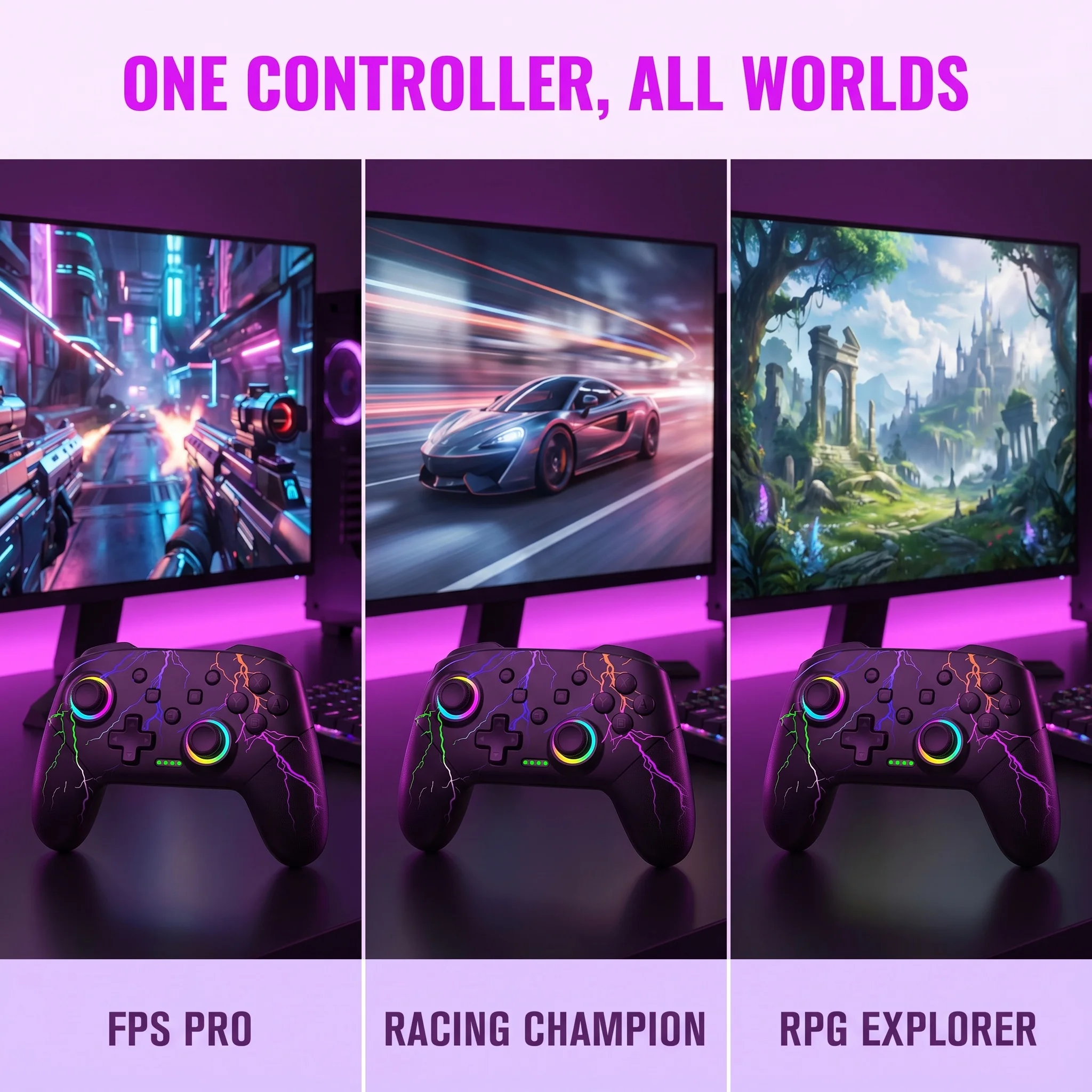 ゲームパッドワイヤレスコントローラー、9色調整可能なledスイッチリモコン、pc-android-ios対応、プログラミング機能付き