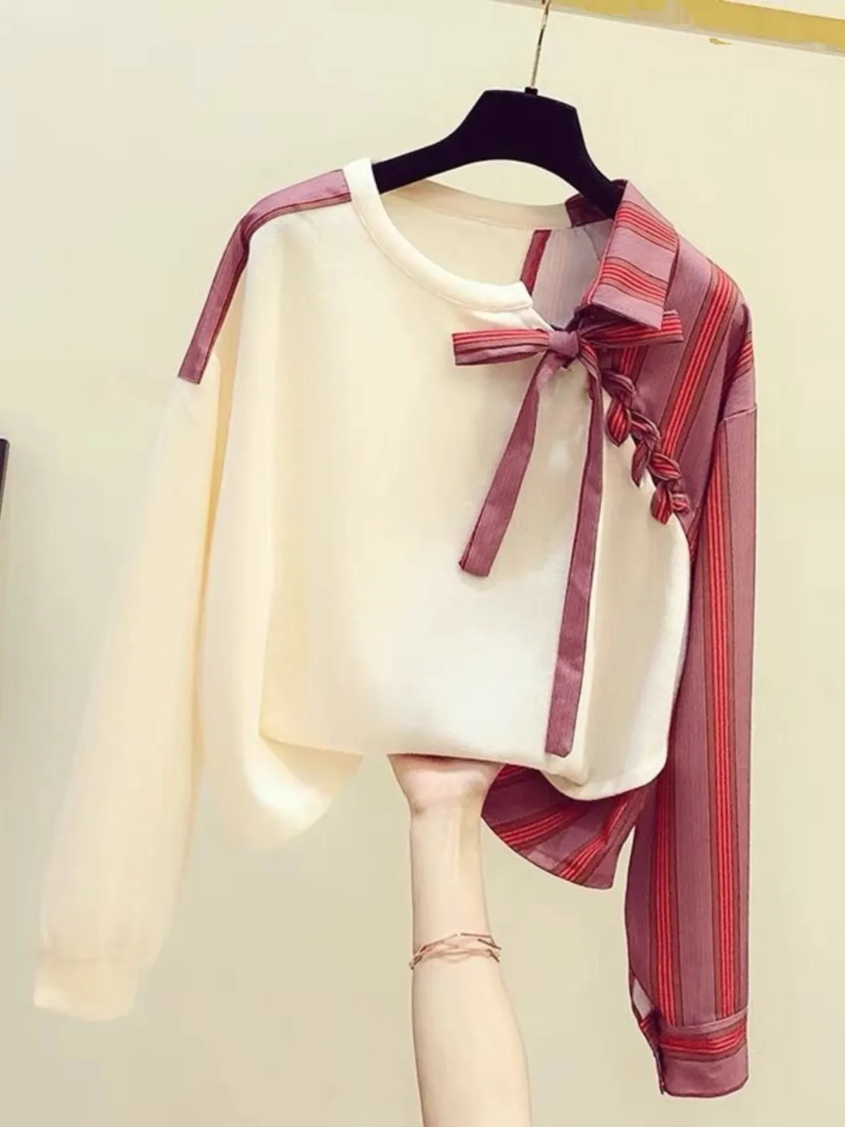 

Spring Autumn Irregular Long Sleeve Striped Patchwork Shirt Women's Fake Two-Piece Knot round Neck Regular Fit Shirt