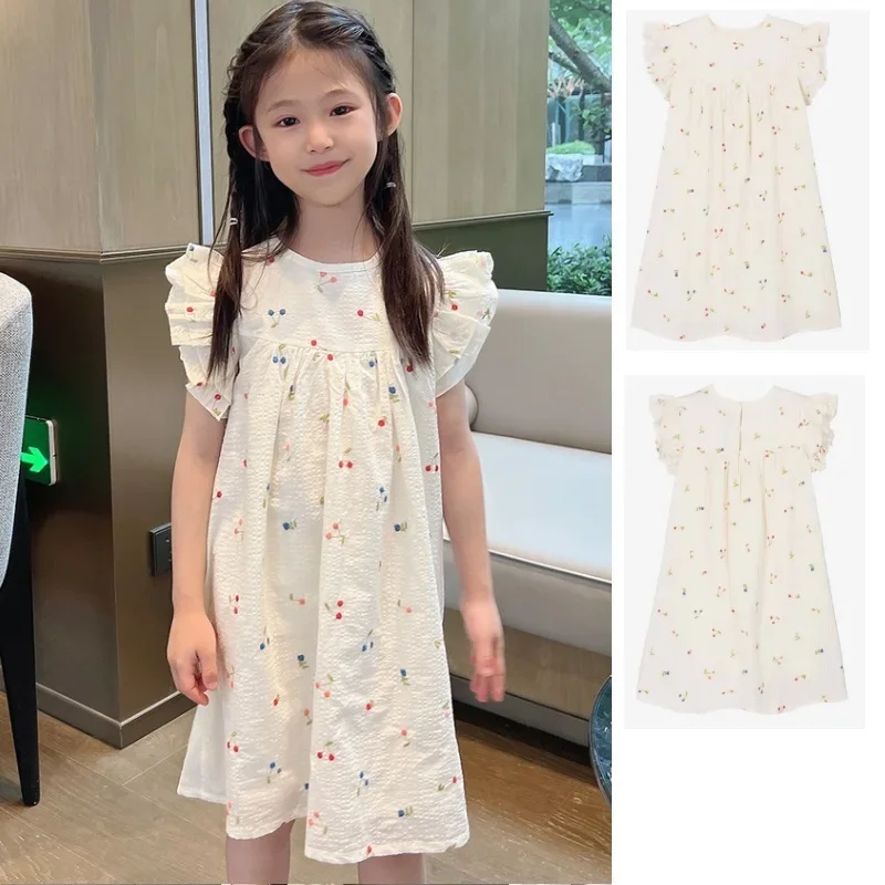 

Girls Dress 2025 Summer White Floral Fashion Children's Dress Cotton Korean Sweet Cute Party Princess Dress Children's Clothing